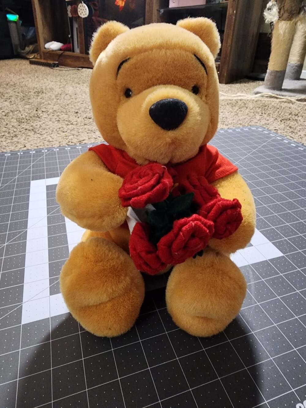 Disney Winnie the Pooh Plush Holding Bouquet of Roses Red Shirt